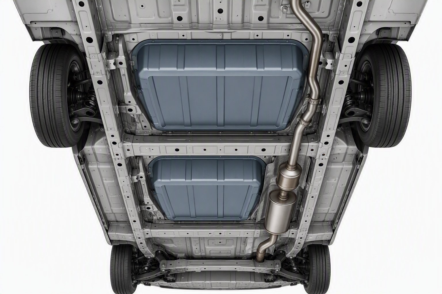 Underside view of a minivan showing the storage bins nested between frame rails and cross members