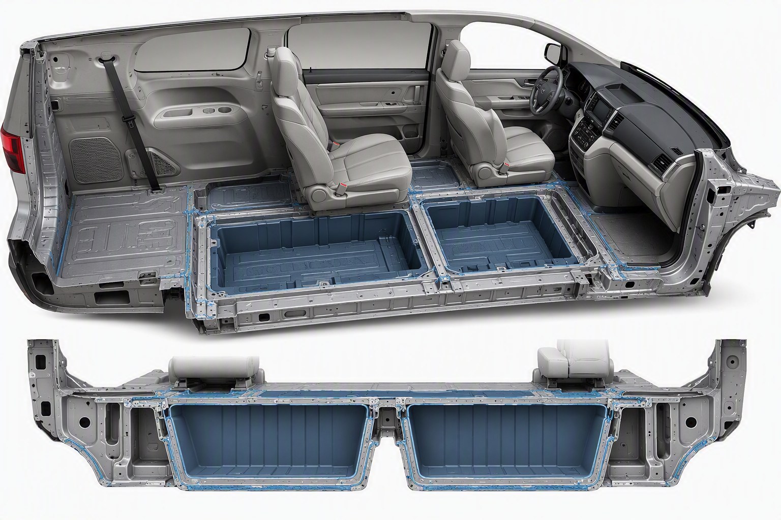 Cutaway of a minivan showing in-floor storage bins built into the floor pan between the first and second row