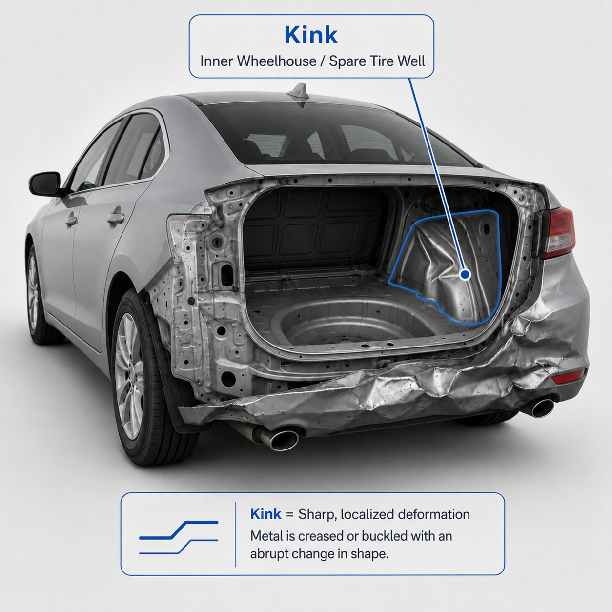 A kink on the inner wheelhouse and spare tire well area