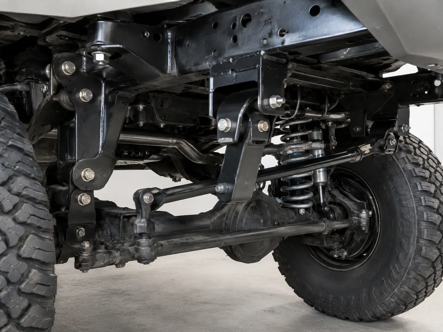 Lift kit suspension brackets bolted to the frame and axle