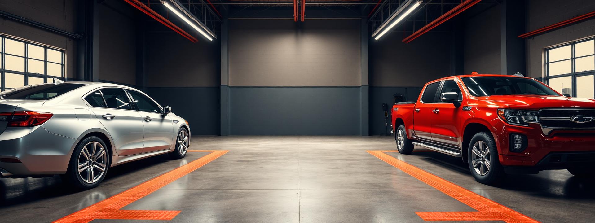 Sedan, SUV, and pickup truck lined up in an inspection bay